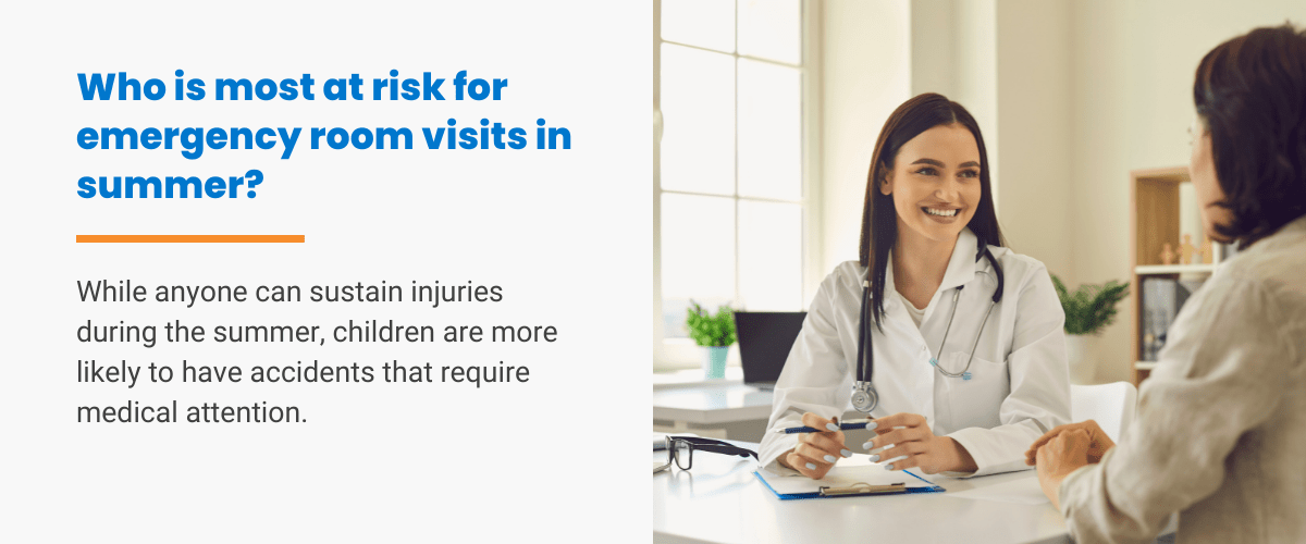 Who is most at risk for emergency room visits in summer? While anyone can sustain injuries during the summer, children are more likely to have accidents that require medical attention.