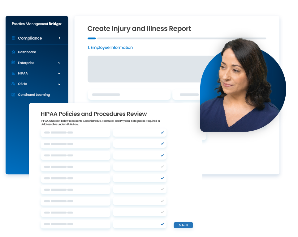 A photo of a female office manager and two illustrations of software interface behind her.