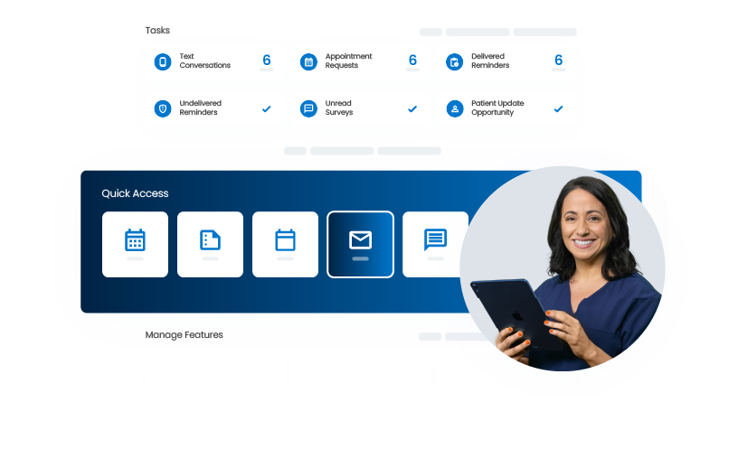 A photo of a female office manager using a table computer with an illustration of a patient engagement system behind her.