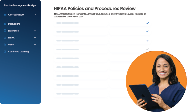 A photo of a female office manager and an illustration of software interface behind her.