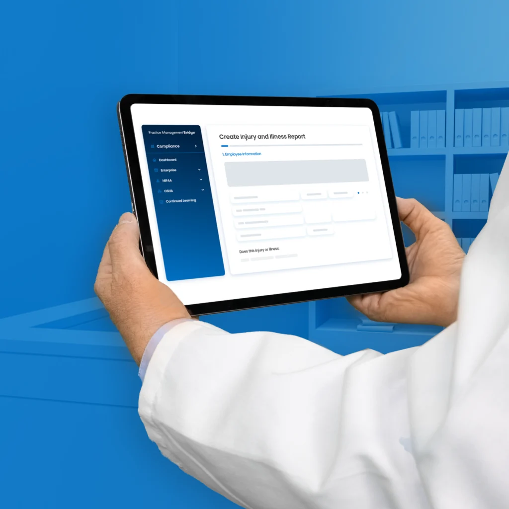 A photo of male doctor hands holding a tablet computer with a software interface on it.