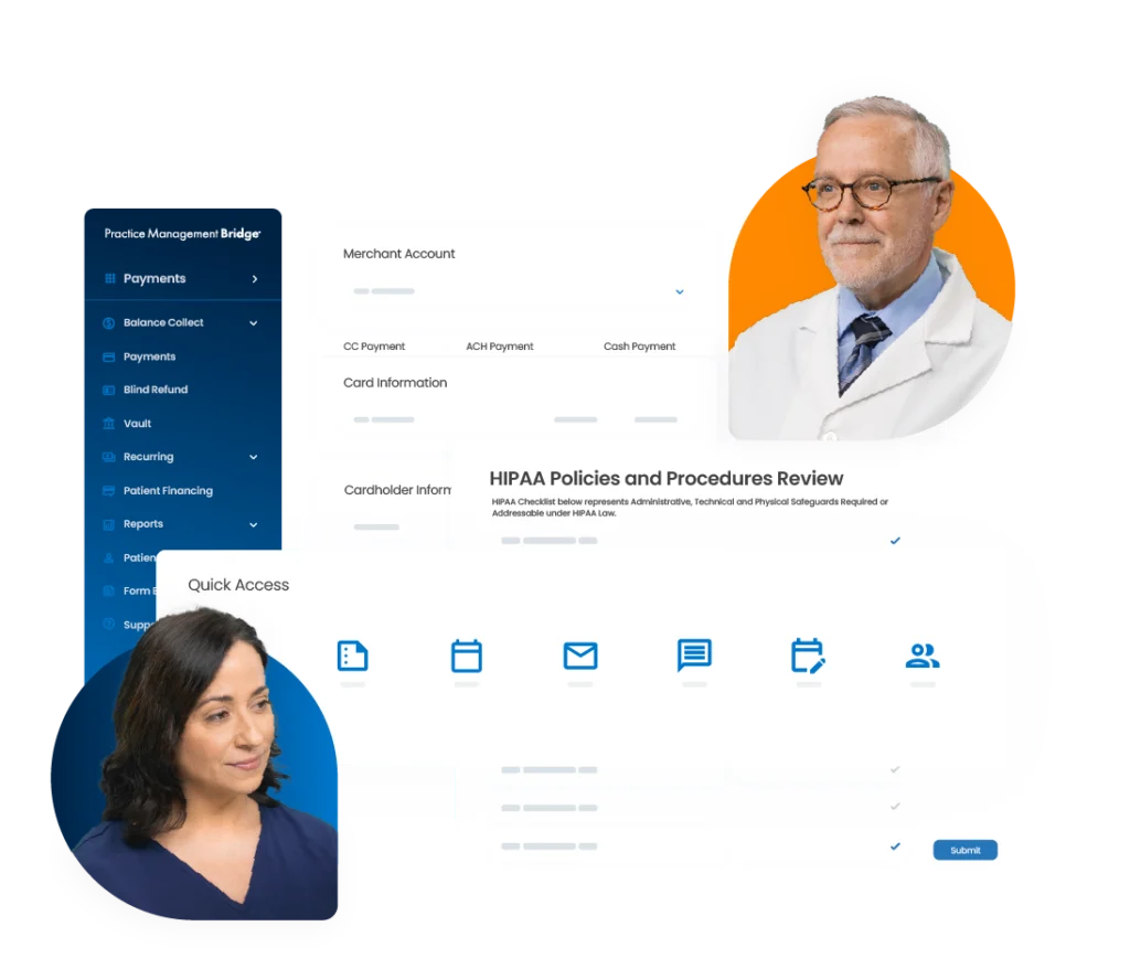 Photos of a male doctor and female office manager and an illustration of a software interface behind them.