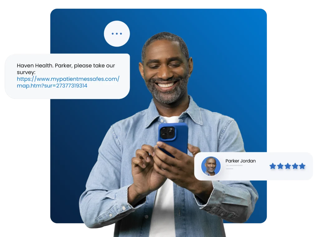 A photo of a black man using patient communication solutions on his mobile phone to leave a 5 star review.