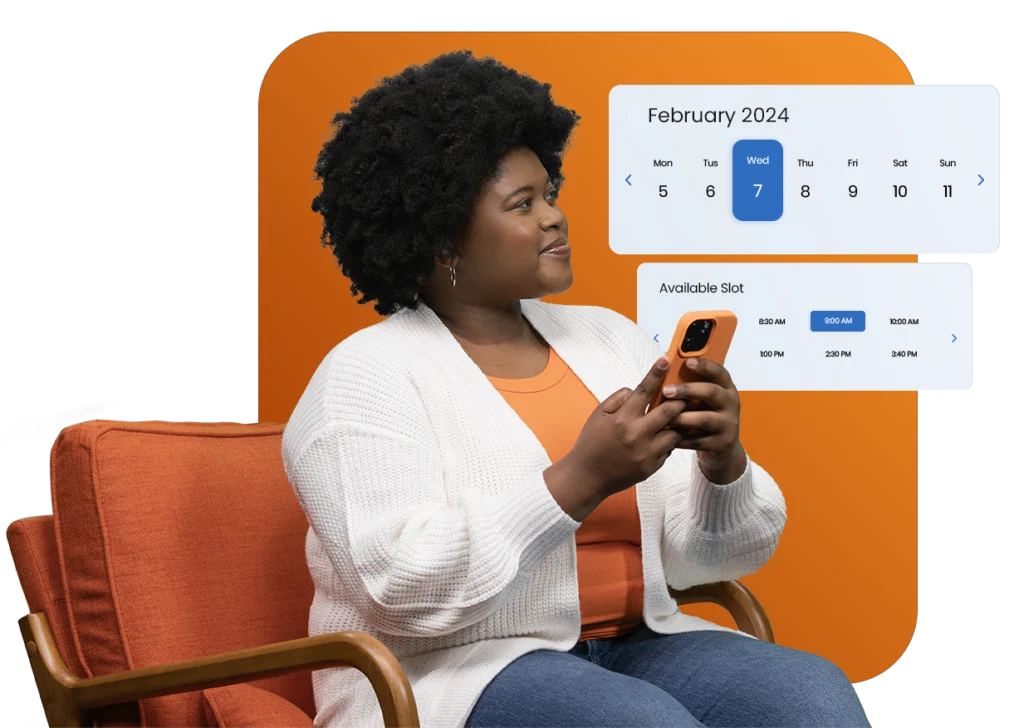 A photo of a young black woman using her mobile phone to schedule a doctor appointment.