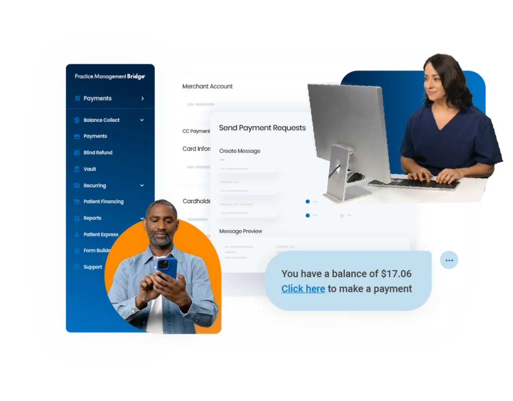 Photos of a black man using his phone to male a payment, an office manager working on computer.