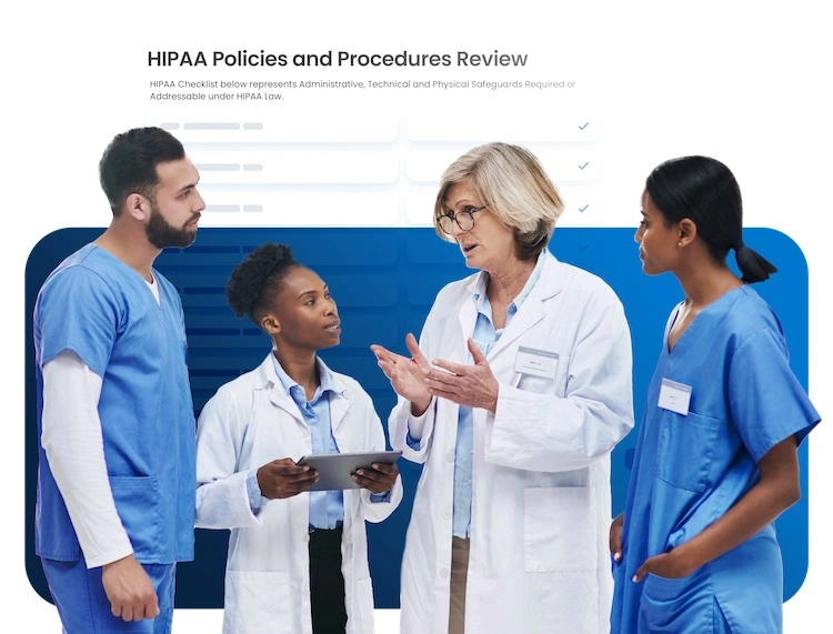 A photo of a group of healthcare workers talking over a tablet computer.