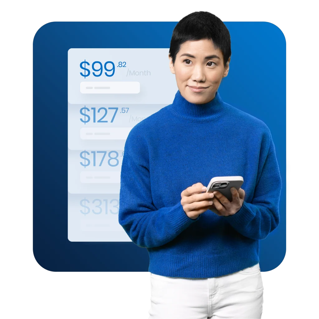 A photo of an asian woman using her mobile phone to make a payment and an illustration of financing options behind her.