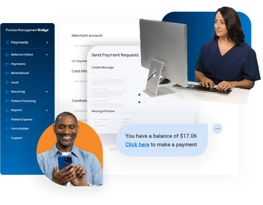Photos of a black man using his phone to male a payment, an office manager working on computer.