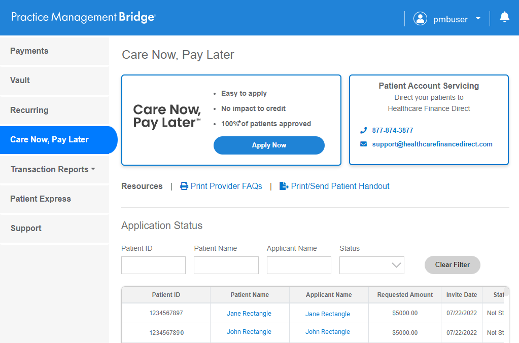 The Care Now, Pay Later screen in Practice Management Bridge