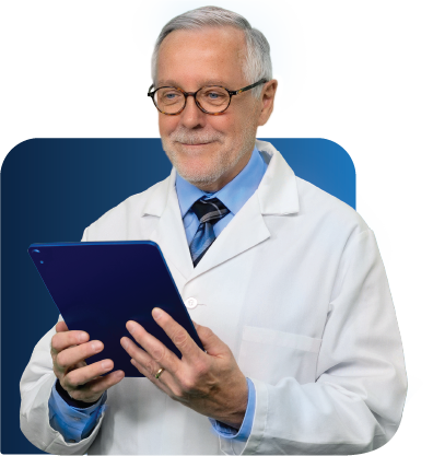 A photo of a male doctor using tablet computer