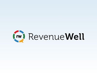 a logo for rw revenue well on a white and blue background