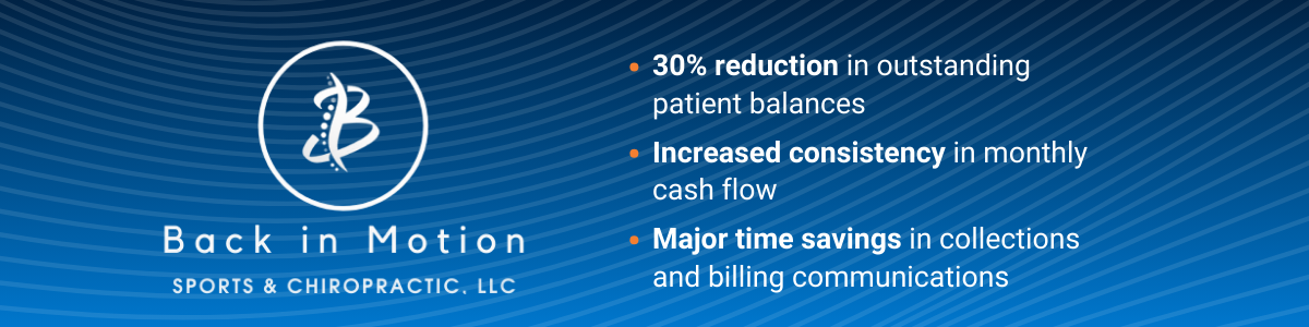 Back in Motion results with Practice Management Bridge: 30% reduction in outstanding patient balances Increased consistency in monthly cash flow Major time savings in collections and billing communications 