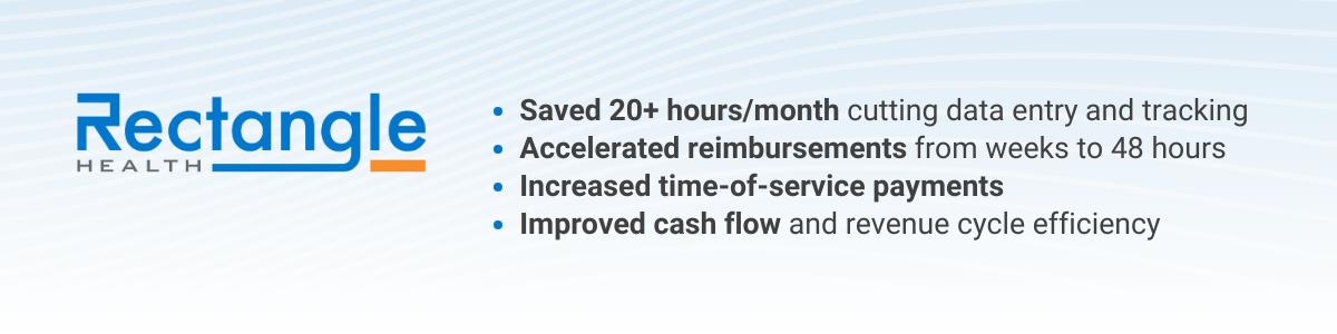  Rectangle Health results for Immanuel Dental: Saved 20+ hours/month by cutting manual data entry and tracking Accelerated insurance reimbursements from weeks to 48 hours Increased time-of-service payments Improved cash flow and revenue cycle efficiency 