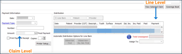 An example of posted amounts in a PMS. The text ”Claim Level” points to the Amount field (which lists $95.00) under the Payment Information section. The text ”Line Level” points to the Payment column under the Distribution section.