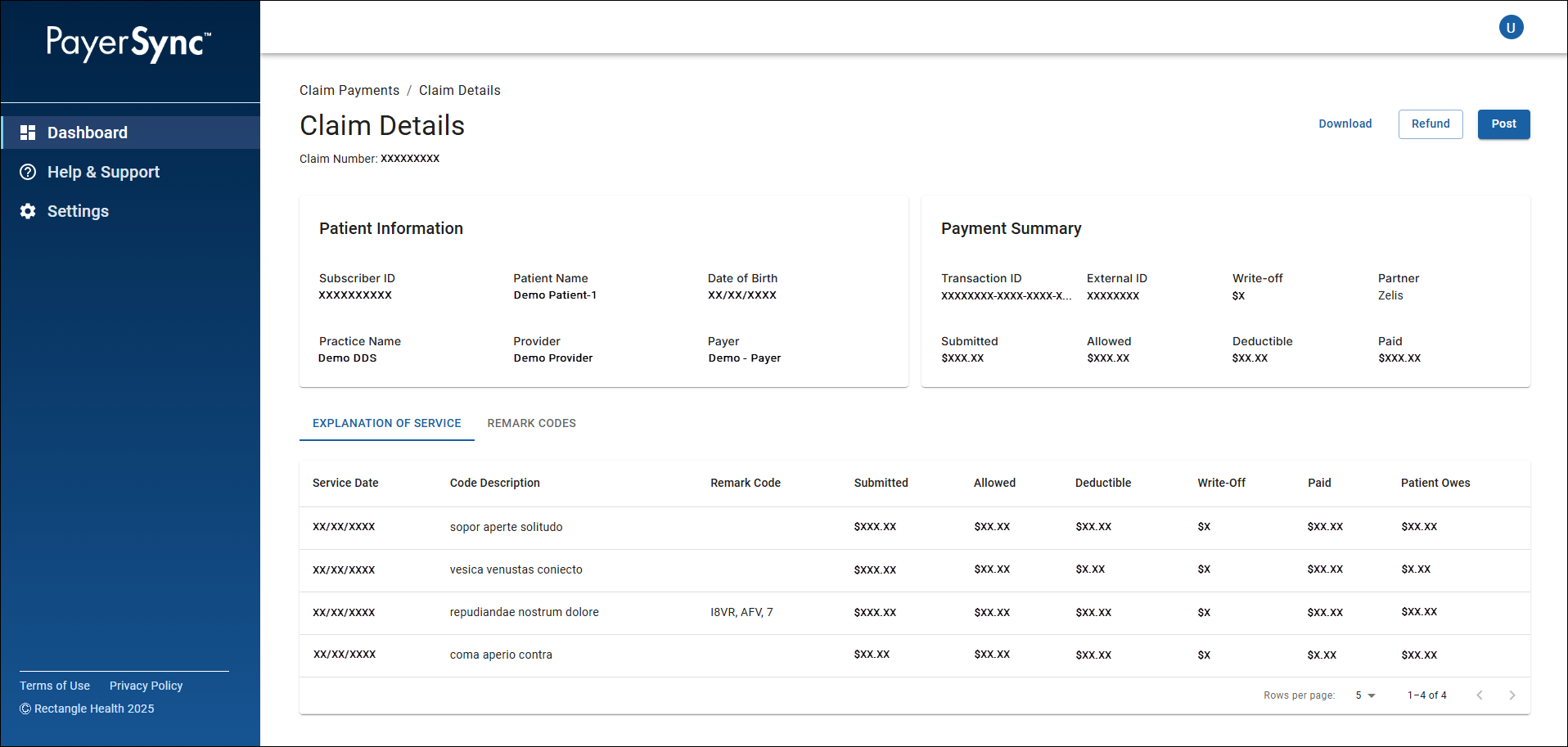 The Claim Details screen of PayerSync. The Post button is blue with white text.