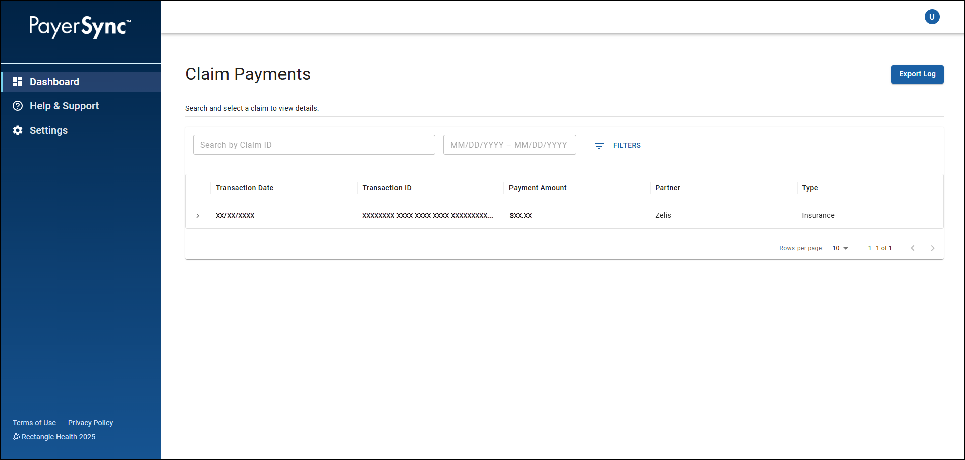 The Claim Payments screen of PayerSync. The column names are Transaction Date, Transaction ID, Payment Amount, Provider, and Type.