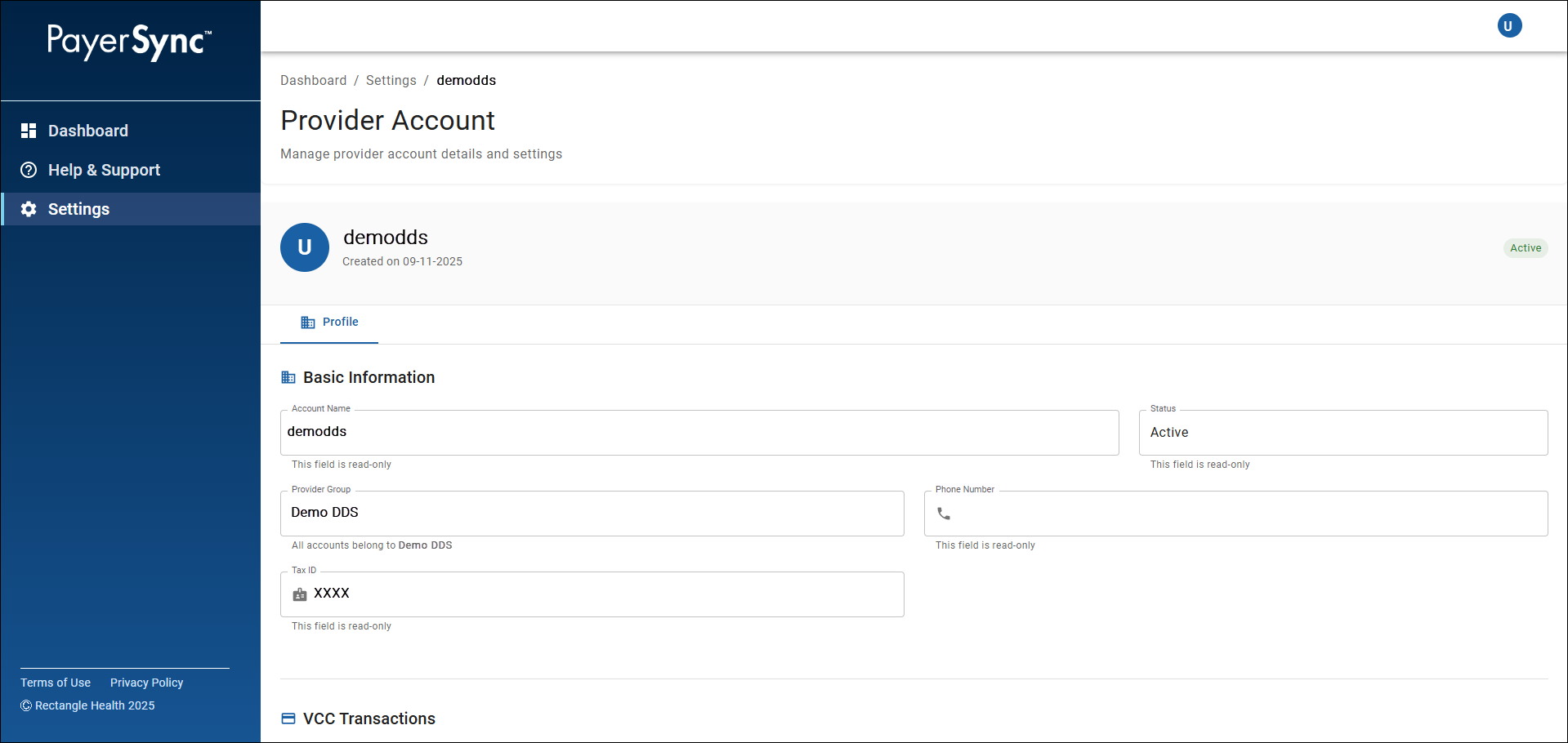 The Provider Account screen of PayerSync. It has the following sections displaying provider account details: Basic Information and VCC Transactions.