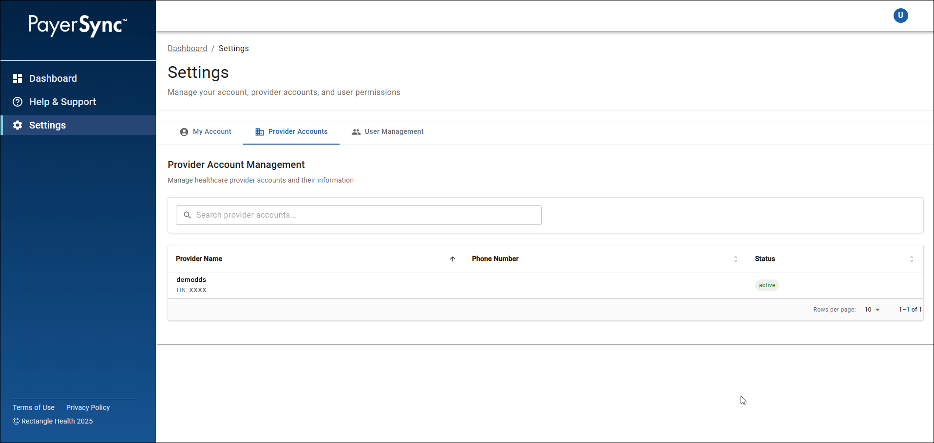 The Settings screen of PayerSync with the Provider Accounts tab selected. It shows a list of Provider Accounts.