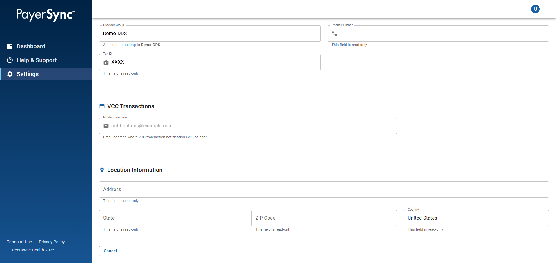 The lower portion of the Provider Account screen of PayerSync. It has the following sections displaying provider account details: some Basic Information, VCC Transactions, and Location Information.