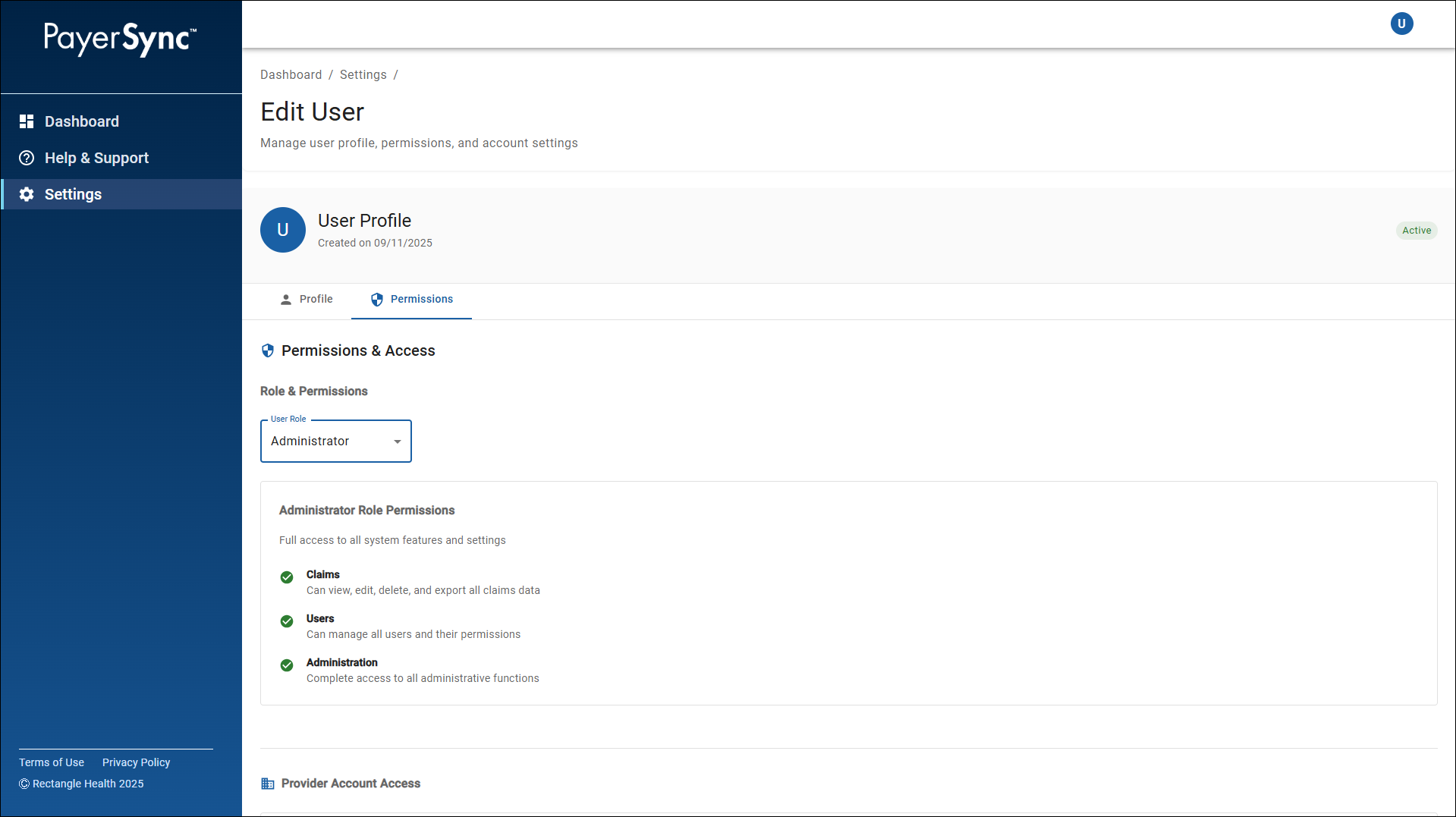 The Edit User screen in PayerSync. It shows the selected User Profile. The Permissions tab is selected. The User Role selected is Administrator.