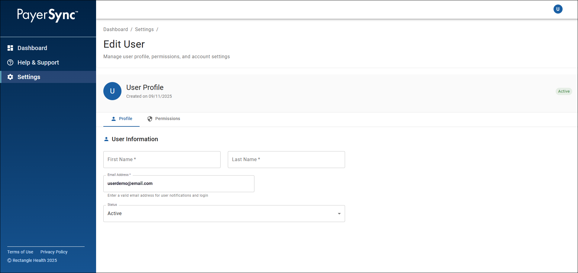 The Edit User screen in PayerSync. It shows the selected User Profile. The Profile tab is selected.