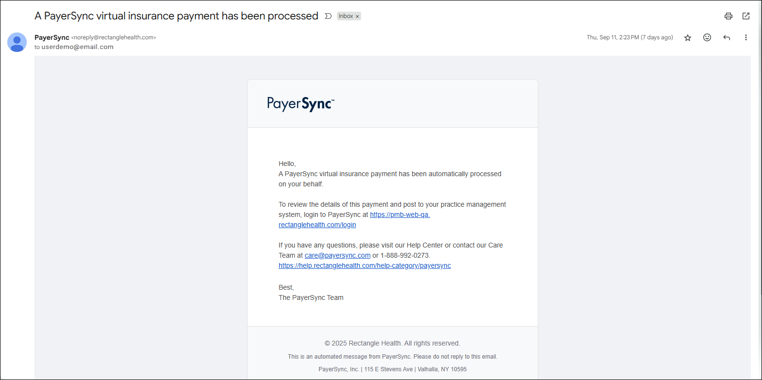 An example of the PayerSync email notification that is sent when an electronic payment from an insurance payment partner is processed on your behalf.