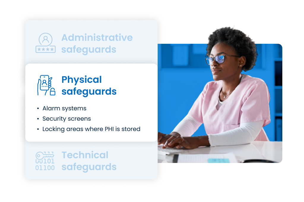 A content woman in scrubs types on a keyboard looking into a monitor. Text notes that physical HIPAA safeguards include alarm systems, security screens, and locking areas where PHI is stored.