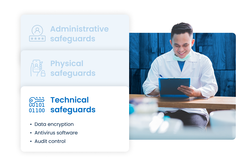 A happy man in scrubs reviews information on a tablet. Text notes that technical safeguards include data encryption, antivirus software, and audit control.