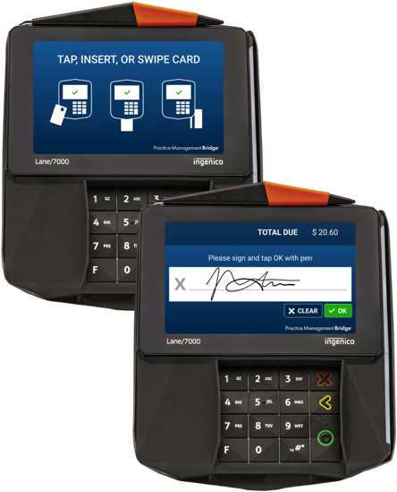 Two customer-facing payment devices, one with a signature screen, the other showing credit card swipe/tap/insert options