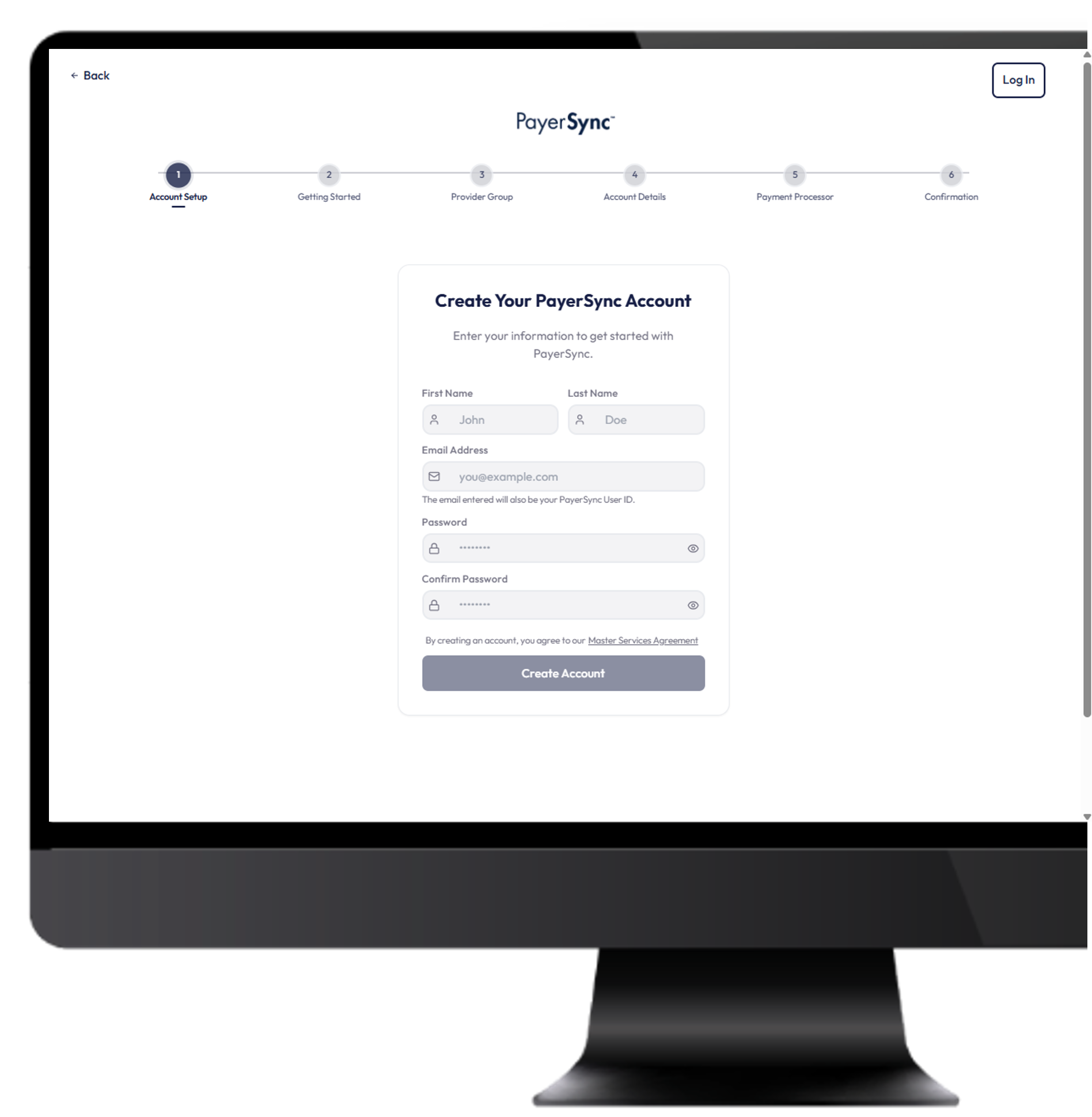 A computer monitor shows the new PayerSync login screen 
