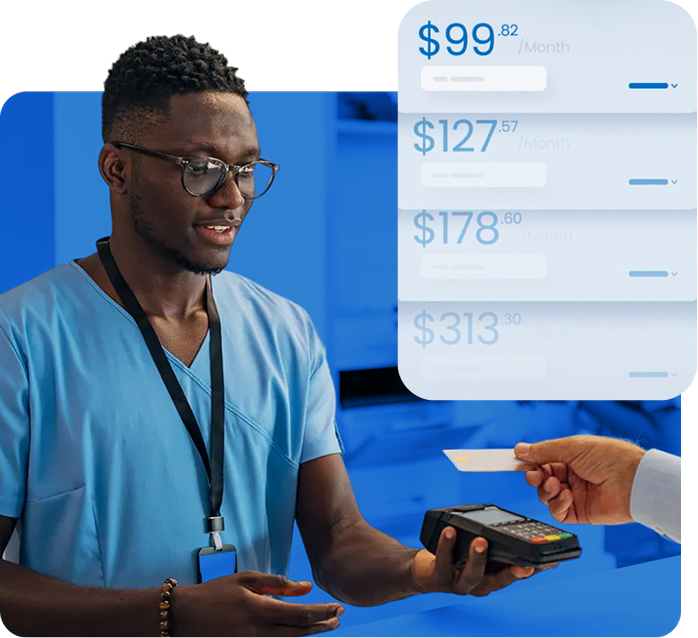 A patient taps a card reader held by a chiropractic staff member